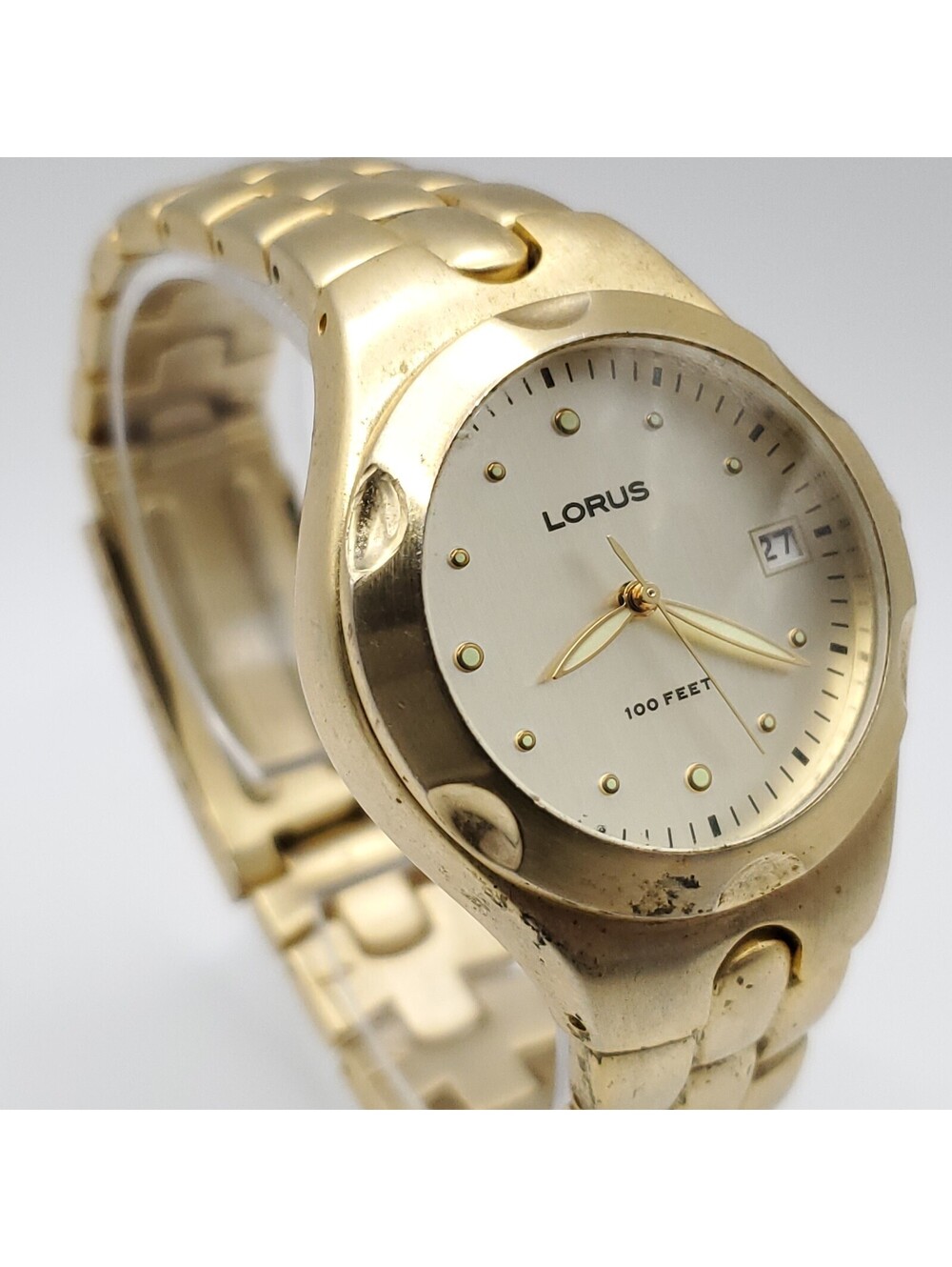 Lorus Diver Style Women Watch New Battery Gold Tone Date Dial 34mm